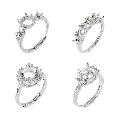 4шт. 4 стили регулируемых латунных колец с стразами, компоненты, настройки зубчатого кольца, раунд / цветок
