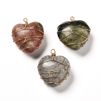 Pendentifs en pierres précieuses mixtes naturels et synthétiques, avec du vrai fil de cuivre écologique plaqué or 18k, cœur