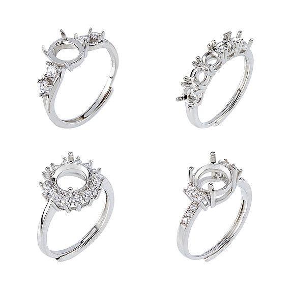 4шт. 4 стили регулируемых латунных колец с стразами, компоненты, настройки зубчатого кольца, раунд / цветок