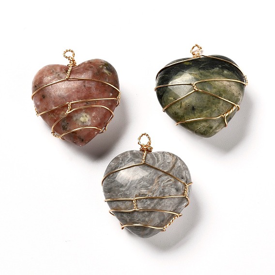 Natural & Synthetic Mixed Gemstone Pendants, with Real 18K Gold Plated Eco-Friendly Copper Wire, Heart