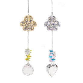 Metal Rhinestone Cat Paw Print Hanging Suncatchers, Glass Tassel for Home Window Outdoor Decorations