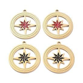 Ion Plating(IP) 304 Stainless Steel Pendants, with Enamel, Flat Round with Star Charm, Golden