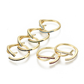 Brass Micro Pave Cubic Zirconia Cuff Finger Rings, Open Rings, Real 18K Gold Plated, Nickel Free