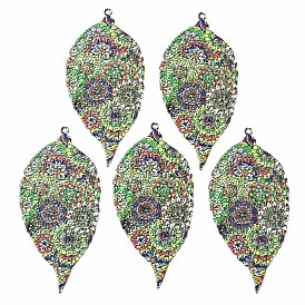 430 Stainless Steel Big Pendants, Spray Painted, Etched Metal Embellishments, with Flower Pattern, Leaf