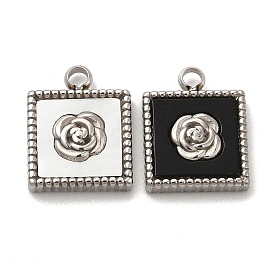 Vacuum Plating 304 Stainless Steel Charms, with Shell & Acrylic, Square with Rose