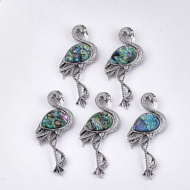 Броши / подвески из ракушек, со смоляным дном и выводами из сплава, форма фламинго, античное серебро