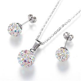 304 de acero inoxidable conjuntos de joyas, pendiente de los collares y pendientes de la rótula, con diamantes de imitación de arcilla polimérica, rondo