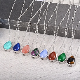Gemstone Teardrop Urn Ashes Pendant Necklace, Stainless Steel Memorial Jewelry for Women, Stainless Steel Color