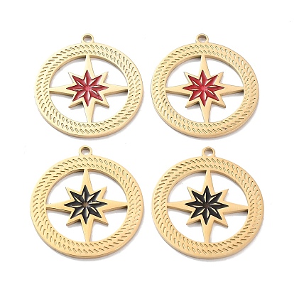 Ion Plating(IP) 304 Stainless Steel Pendants, with Enamel, Flat Round with Star Charm, Golden