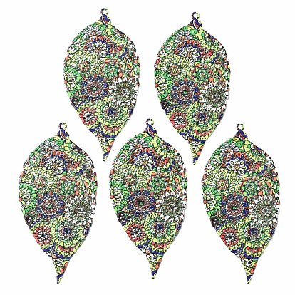 430 Stainless Steel Big Pendants, Spray Painted, Etched Metal Embellishments, with Flower Pattern, Leaf