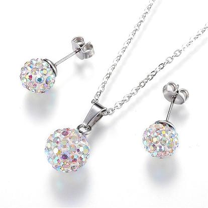 304 de acero inoxidable conjuntos de joyas, pendiente de los collares y pendientes de la rótula, con diamantes de imitación de arcilla polimérica, rondo