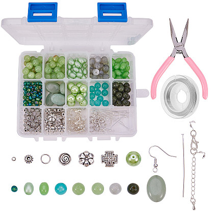DIY Jewelry Set Making, with Tibetan Style Alloy Beads, Glass Beads and Gemstone Beads, with Brass End Piece, Extender Chains and Brass Earring Hooks