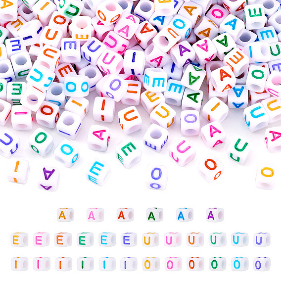 500шт 5 стиль непрозрачные белые акриловые бусины, с эмалью, горизонтальное отверстие, куб с письмом