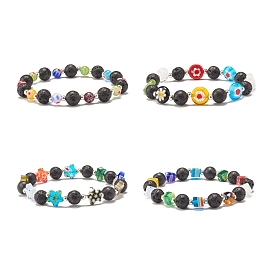Natural Lava Rock & Millefiori Glass Beads Stretch Bracelet, Oil Diffuser Jewelry for Women