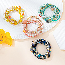 Boho Chic Colorful Crystal Elastic Bracelet Set - 6 Pieces of Versatile Vacation Style Woven Bracelets