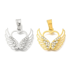 304 Stainless Steel Pendants, with Crystal Rhinestone, Heart with Wing Charm