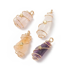 Natural Gemstone Copper Wire Wrapped Pendants, Nuggets Charm, Golden