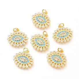 Brass Micro Pave Clear & Deep Sky Blue Cubic Zirconia Charms, with Jump Rings, Eye