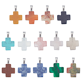 Natural & Synthetic Mixed Gemstone Pendants, with Stainless Steel Snap On Bails, Cross