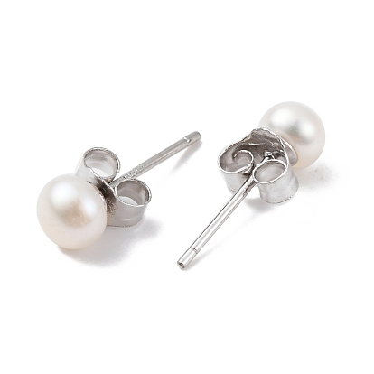 Natural Pearl Round Bead Stud Earrings, with Real Platinum Plated 925 Sterling Silver Findings