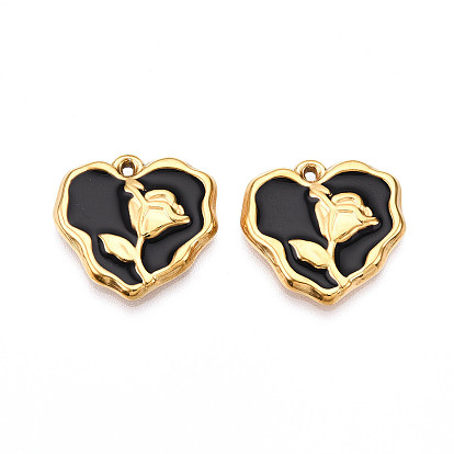 304 colgantes de acero inoxidable, con esmalte, corazón con dijes de flores, real 18 k chapado en oro, revestimiento de iones (ip)