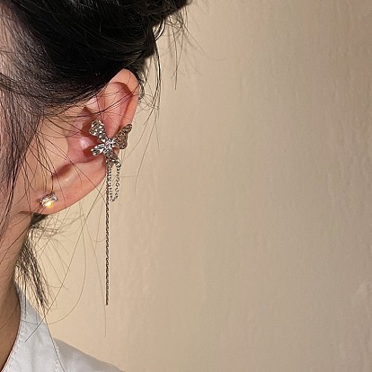 Asymmetric Butterfly Chain Tassel Ear Cuff with Diamond Stud Earrings - Metallic Texture