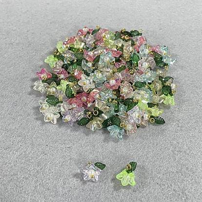 120 piezas de colgantes de acrílico transparente, encantos de la flor, con fornituras de latón, dorado