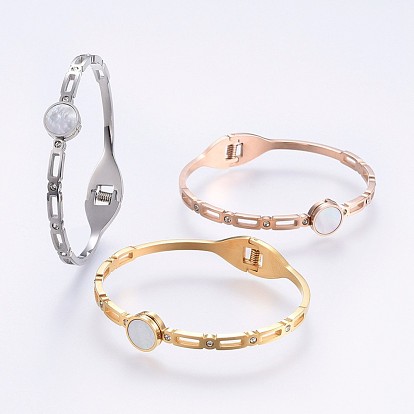 304 Stainless Steel Bangles, with Rhinestone and Shell, Flat Round