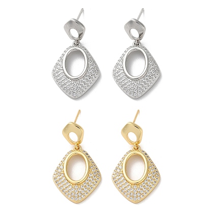 Серьги-гвоздики из латуни с паве из кубического циркония, ромб с полым овалом