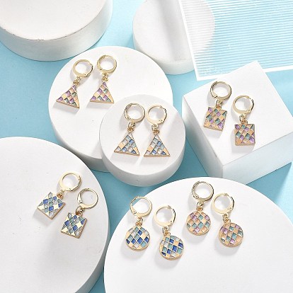 6 Pairs 6 Styles Square & Triangle & Flat Round Alloy Enamel Dangle Leverback Earrings, Golden 304 Stainless Steel Jewelry for Women