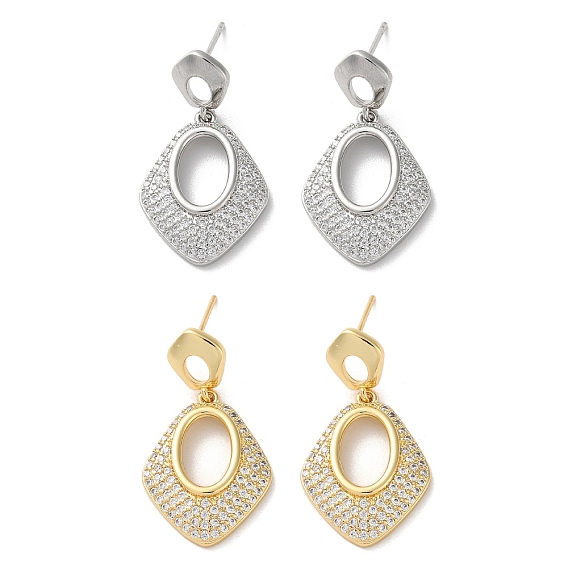 Серьги-гвоздики из латуни с паве из кубического циркония, ромб с полым овалом