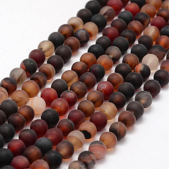 Frosted Natural Agate Beads Strands, Round, Dyed & Heated