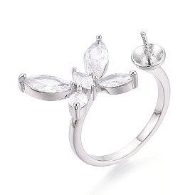 Кольцо-манжета в форме бабочки из латуни с микропаве из прозрачного кубического циркония для полупросверленных бусин