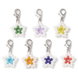 Star Glass Seed Beads Pendants, with Zinc Alloy Lobster Claw Clasps