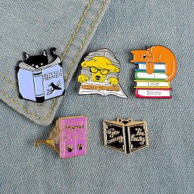 Cute Cartoon Book Pin "I Love Books" Cat and Dog Reading Badge