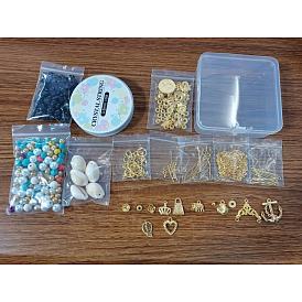 Kit de fabrication de bijoux à bricoler soi-même, y compris les chaînes de câbles en fer, turquoise synthétique & magnésite & obsidienne naturelle & coquille de cauri & perles en plastique, Les apprêts en métal, Alliage charmes et liens et perles