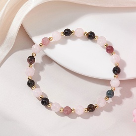 Натуральные разноцветные круглые браслеты из турмалина и розового кварца с эластичными бусинами для женщин.