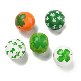 Printed Wood European Beads, Saint Patrick's Day Beads, Round with Clover Pattern