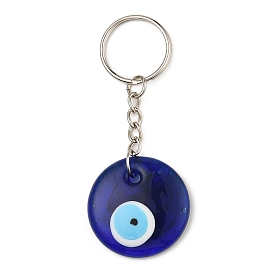 Handmade Evil Eye Lampwork Pendant Keychains, 304 Stainless Steel Split Key Rings, Flat Round