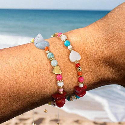 Браслеты из бисера ручной работы в стиле бохо с натуральными смешанными бусинами из драгоценных камней и ракушек для женщин, С латунными круглыми бусами