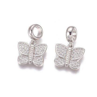 Brass Micro Pave Cubic Zirconia European Dangle Charms, Large Hole Pendants, Butterfly, Clear
