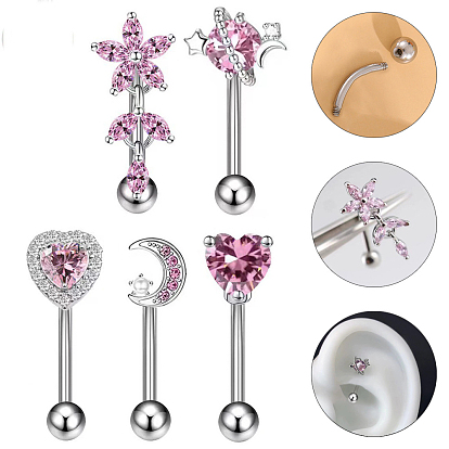 Изогнутые кольца-штанги для бровей из титанового сплава с розовым кубическим цирконием, хрящевые серьги, цвет нержавеющей стали