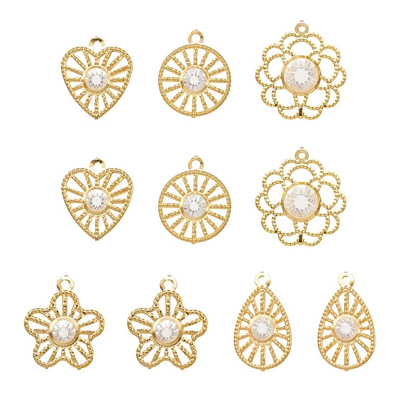 10Pcs 5 Styles Iron Rhinestone Pendants, Golden, Flower & Teardrop & Flat Round & Heart Charms