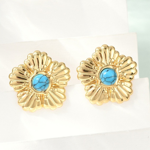 304 серьги-гвоздики из нержавеющей стали с синтетической бирюзой для женщин, ионное покрытие (ip), цветок