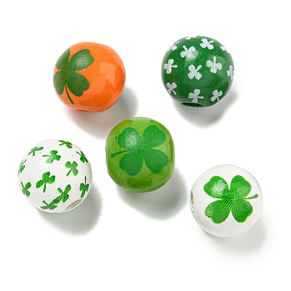Набивные деревянные европейские бусины, бусы ко дню святого патрика, круглый с клеверным рисунком