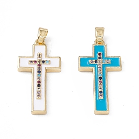 Brass Colorful Cubic Zirconia Pendants, Enamel Style, Cross Charms, Real 18K Gold Plated