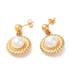 Plat rond 304 boucles d'oreille en acier inoxydable, Boucles d'oreilles pendantes en plastique imitation perle pour femme