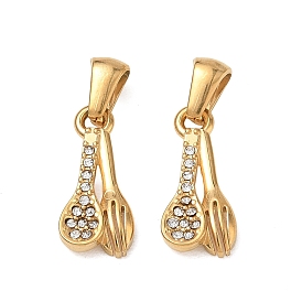 304 Stainless Steel Rhinestone Pendants, Spoons & Forks Charms, Ion Plating(IP)