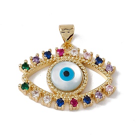 Brass Micro Pave Colorful Cubic Zirconia Pendants, with Shell Cabochon, Cadmium Free & Nickel Free & Lead Free, Rack Plating, Evil Eye