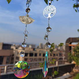 Glass Pendant Decorations, Hanging Suncatcher, with Metal Tree of Life & Fan Link, for Home Decorations